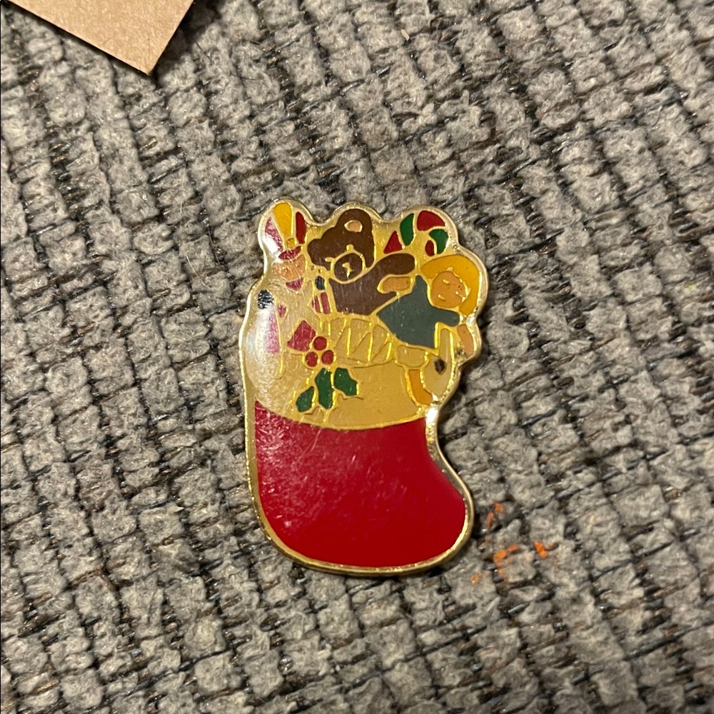 Holiday Stocking Enamel Pin with Teddy and Toys - Red and Gold